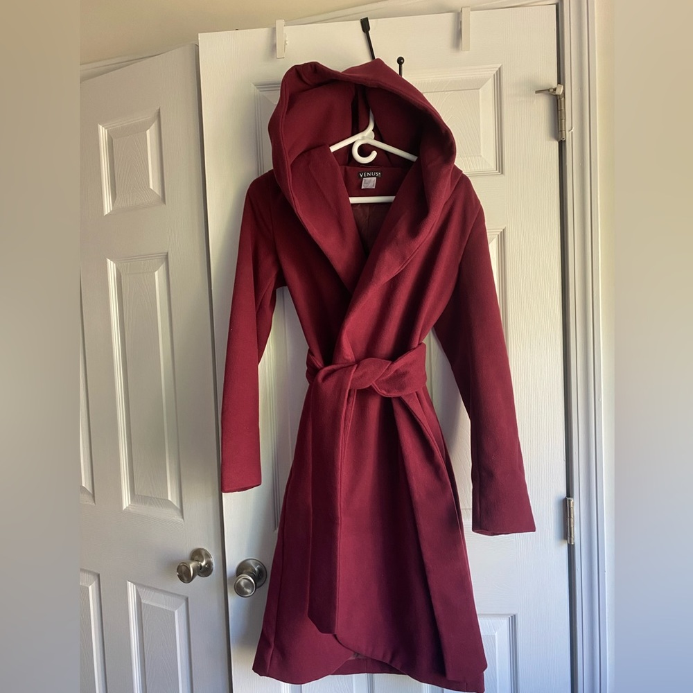 Gorgeous raspberry red hooded belted winter coat from Venus boutique